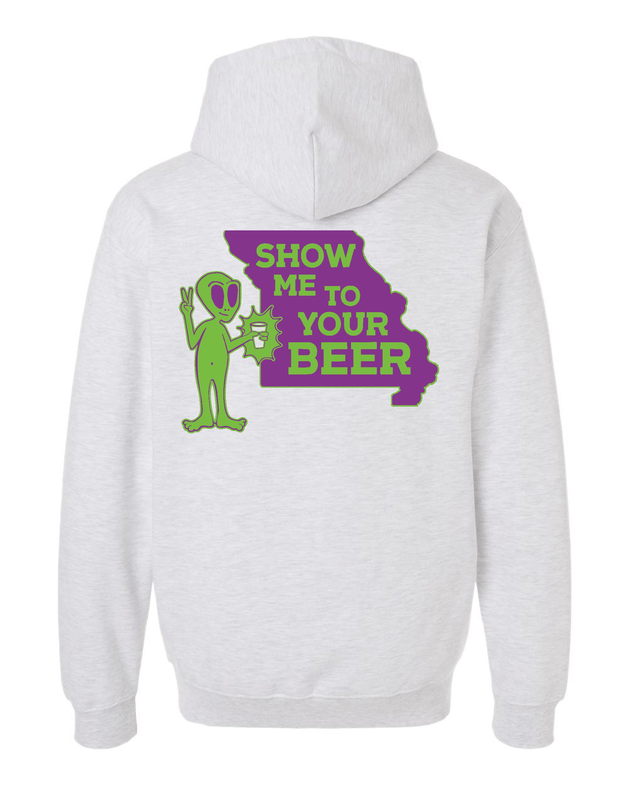 light heather gray hoodie with the show me to your beer logo printed on the back