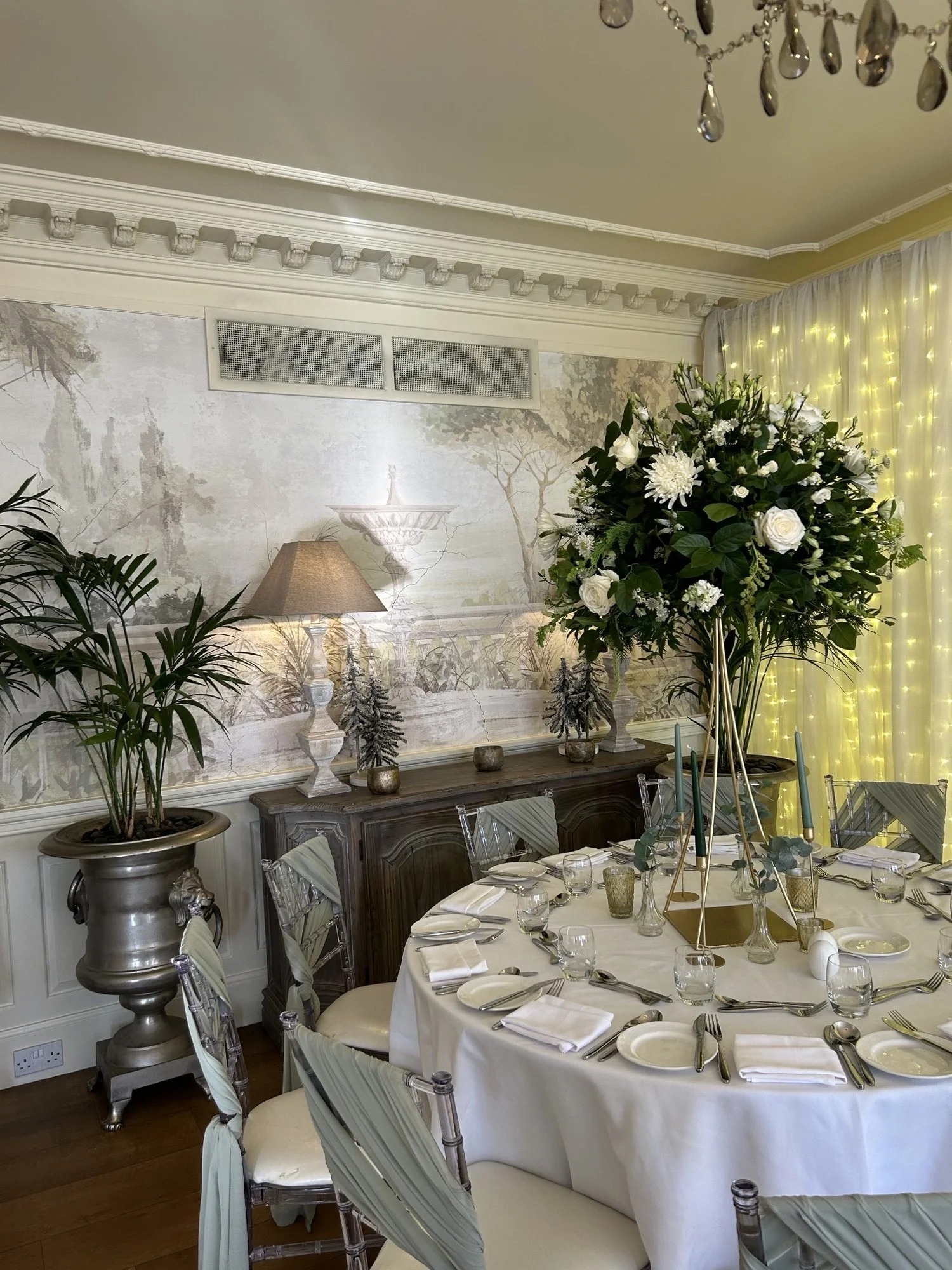 Clitheroe Weddings - wedding flowers, Bespoke  Fresh flower table centrepiece with metal stand at Eaves Hall, Clitheroe