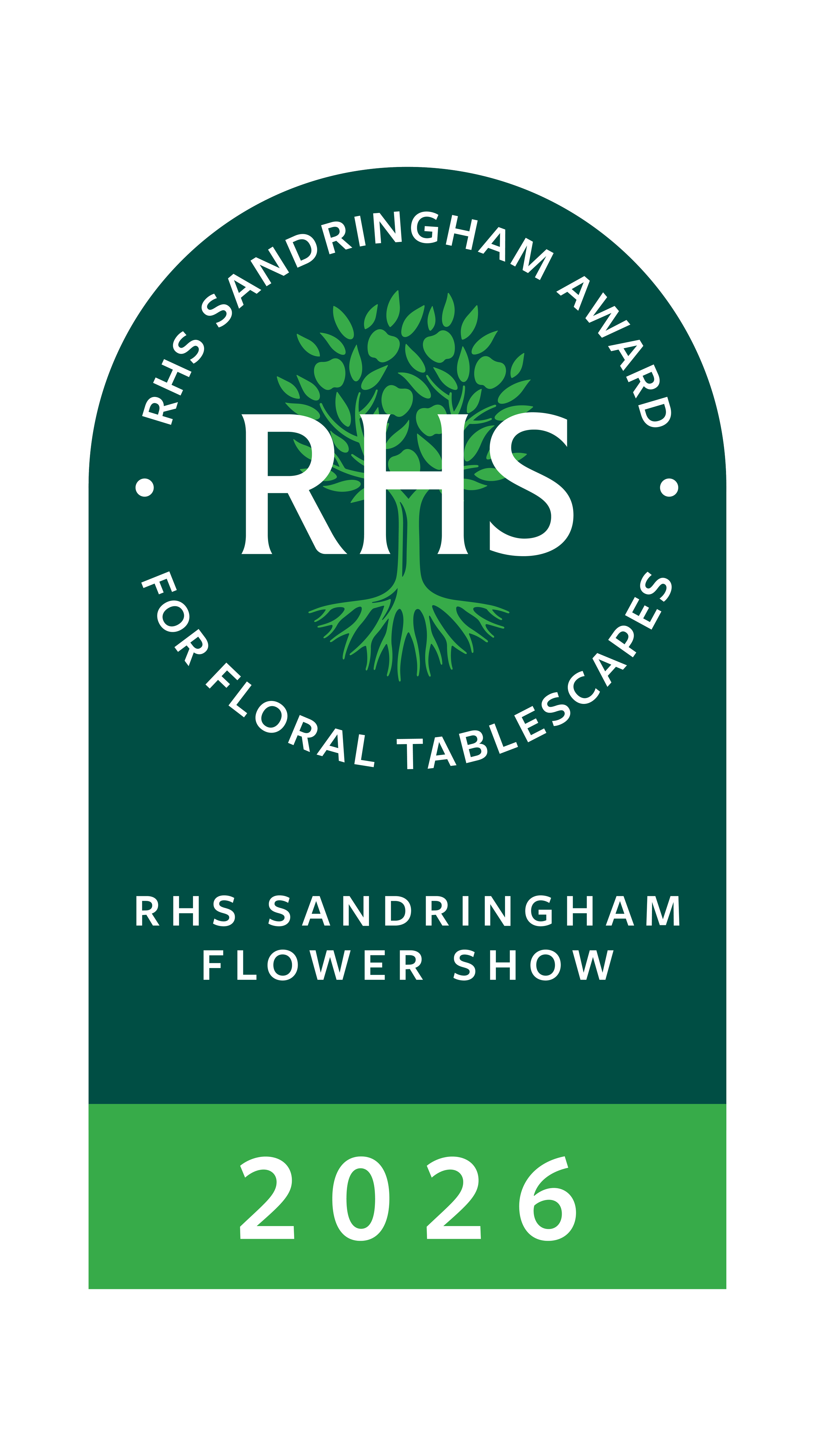A vertical badge for the RHS Sandringham Flower Show 2026, featuring a large green tree graphic with the initials 'RHS' in white over the tree, the event name curved around the top, and the year 2026 at the bottom in white on a green background.