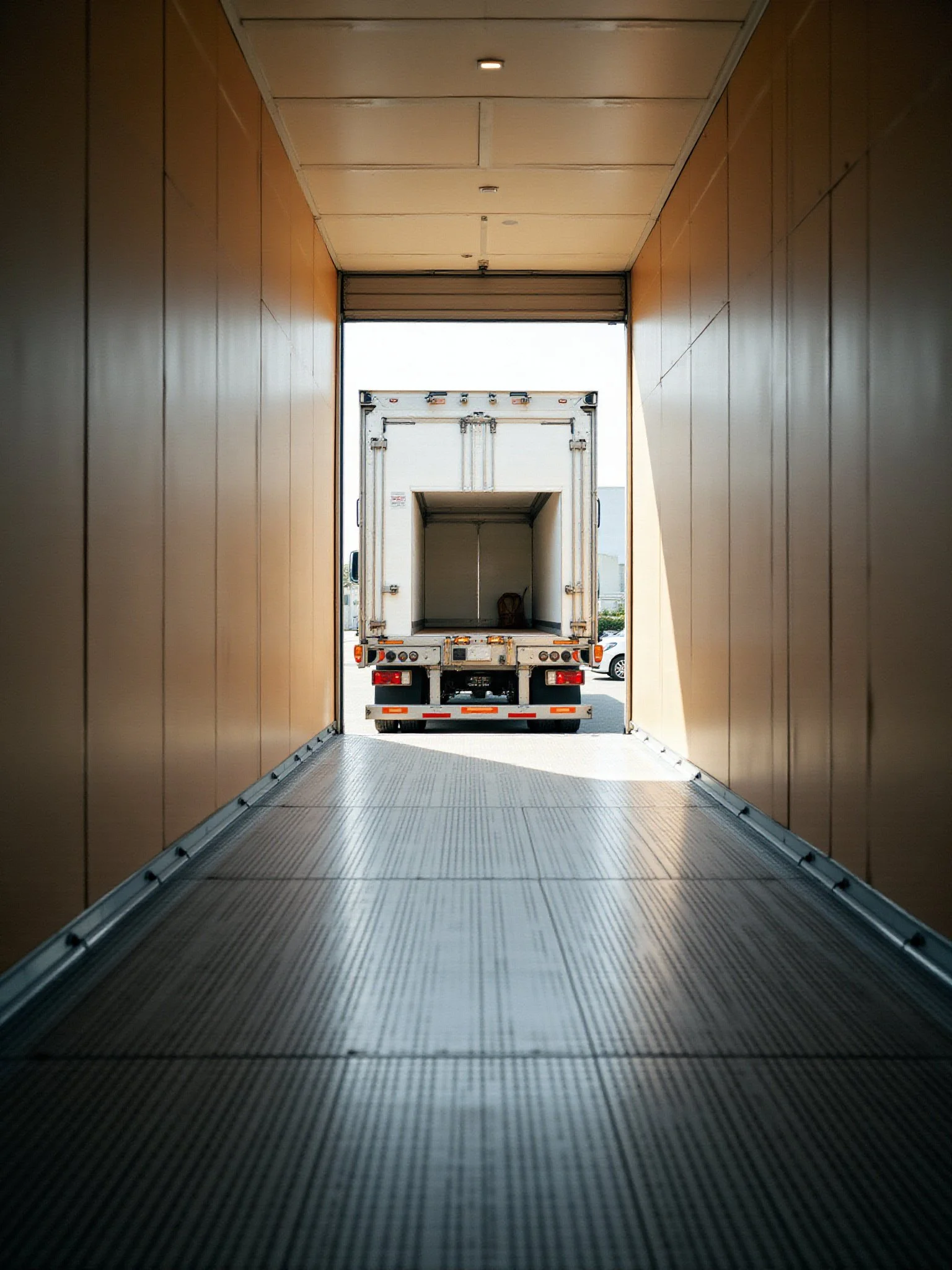 View from inside a loading dock looking out at a truck with an open refrigerated cargo area.