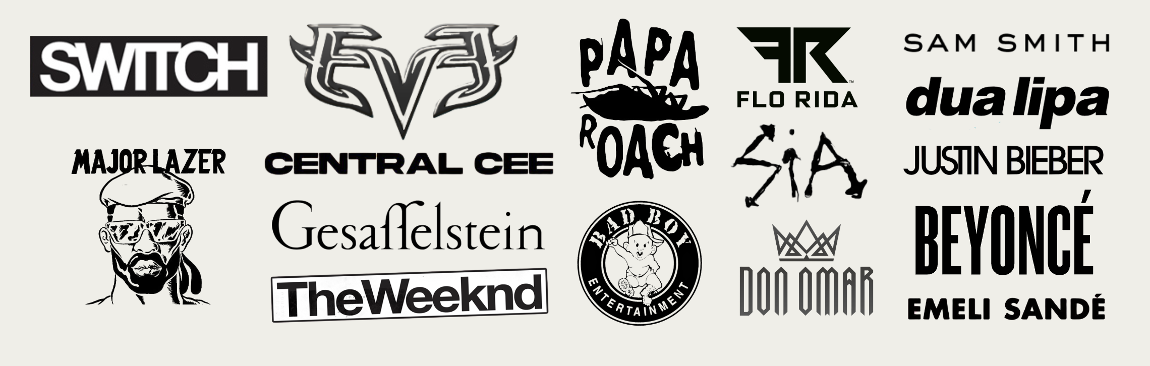 A collage of various black and white logos of musicians, bands, and entertainment brands, including Switch, EVV, Papa Roach, Flo Rida, Sam Smith, dualipa, Justin Bieber, Major Lazer, Central Cee, Gesa Felstein, Bad Boy Entertainment, Don Omar, Beyoncé, Emeli Sandé, The Weeknd, and others.