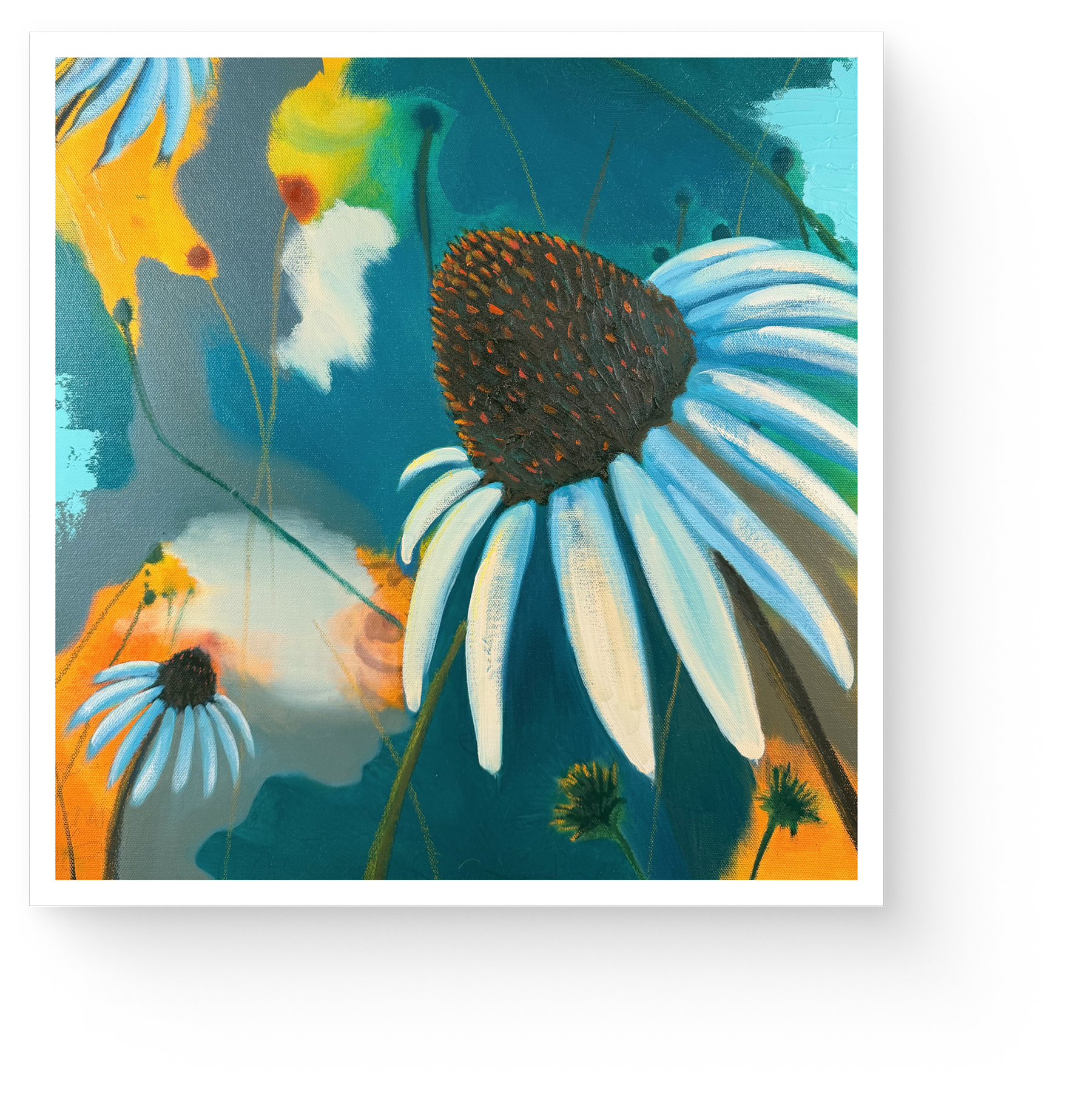 A painting of a large white coneflower with a brown center, surrounded by other smaller flowers and abstract background colors including orange, yellow, and blue.