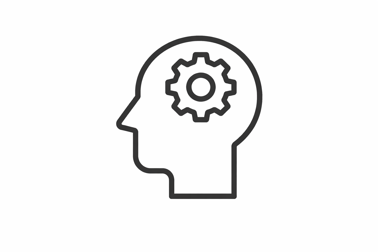 Line drawing of a human head silhouette with a gear inside the brain area.