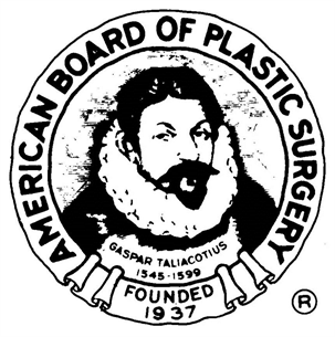 Logo of the American Board of Plastic Surgery featuring a portrait of Gaspar Taliacotius with a ruffled collar, surrounded by the organization's name and the year it was founded, 1937.