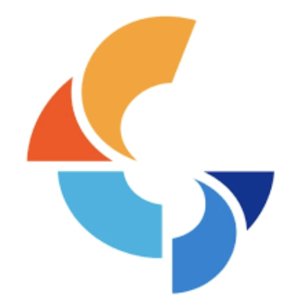A colorful circular logo with orange, red, light blue, and dark blue segments.