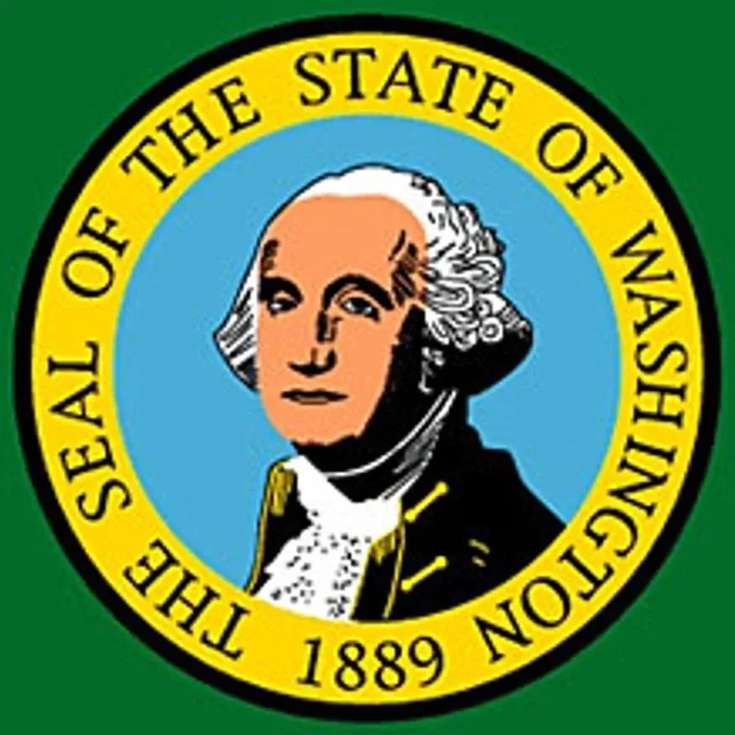 Seal of the Washington State, featuring a portrait of George Washington, with yellow border and green background, including text stating "The Seal of the State of Washington 1889."