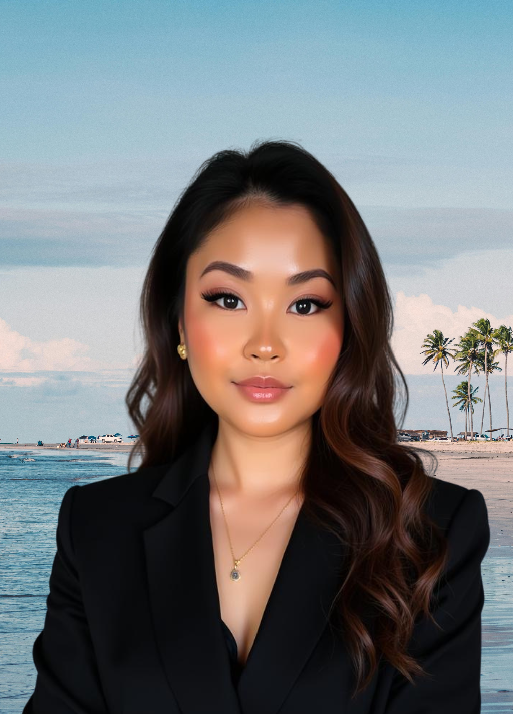 A woman with long wavy brown hair, wearing a black blazer and gold jewelry, standing on a beach with palm trees and the ocean in the background.