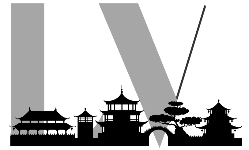 Silhouettes of traditional Asian-style buildings, trees, and a bridge, with a large upside-down V shape overlayed in the center.