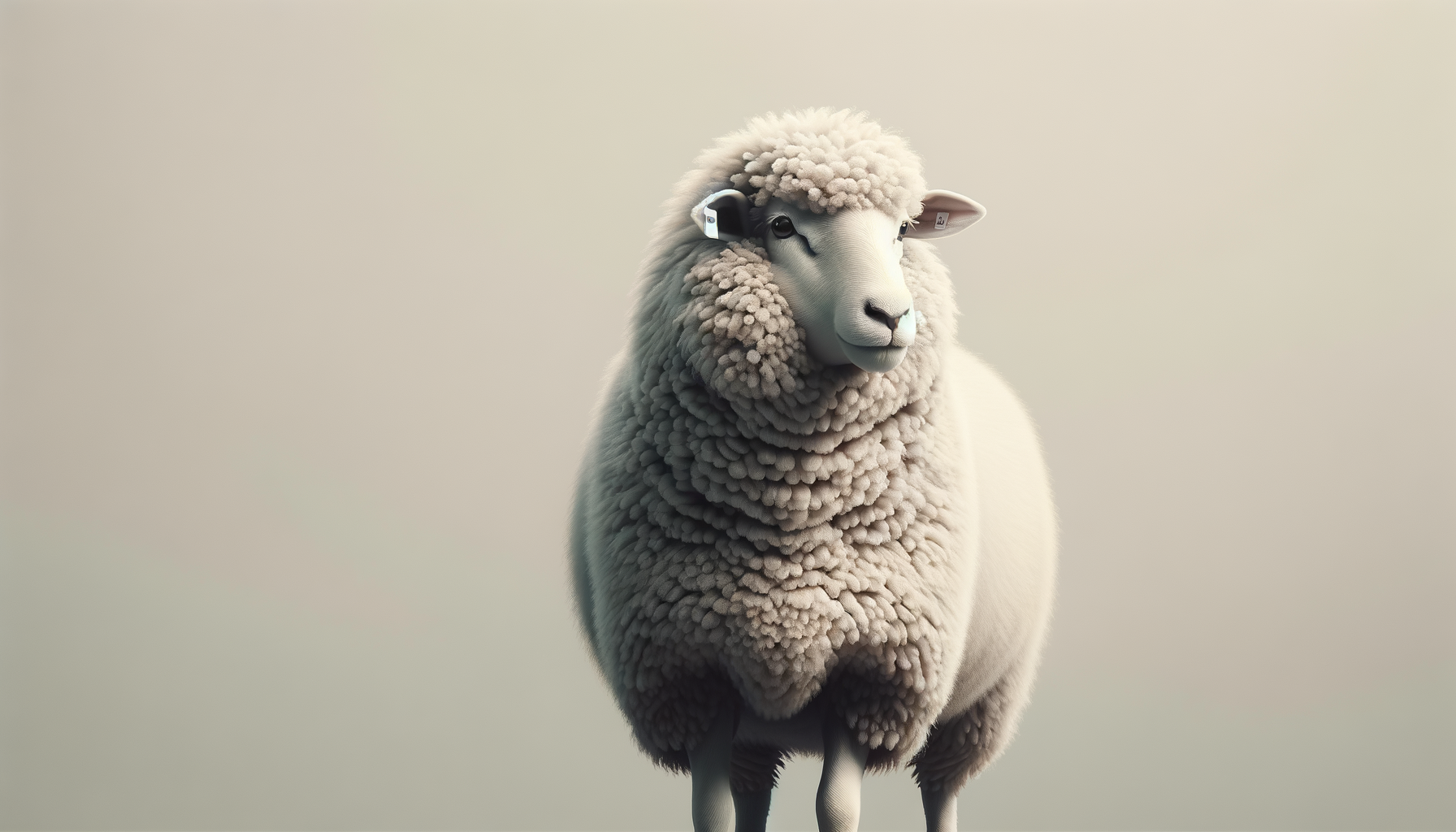 A digitally created sheep with a sheep face and sheep wool body, wearing headphones, against a plain neutral background.