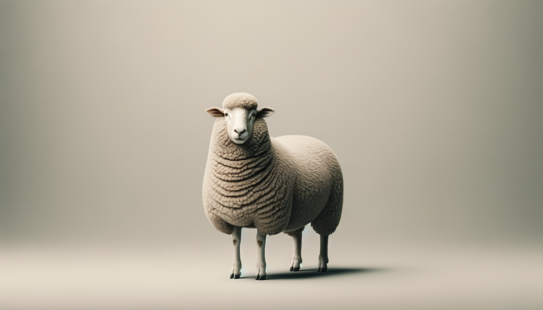 A digitally edited sheep with a goat's face, standing on a plain background.