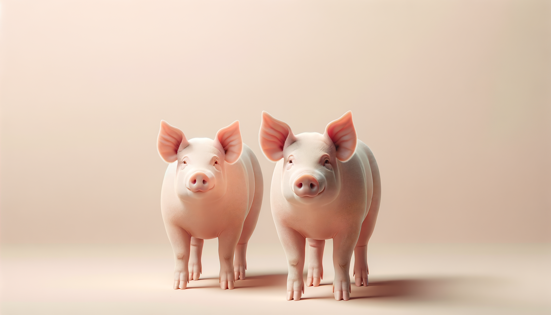 Two digital illustrations of pigs with pink skin and large ears standing on a light-colored background.