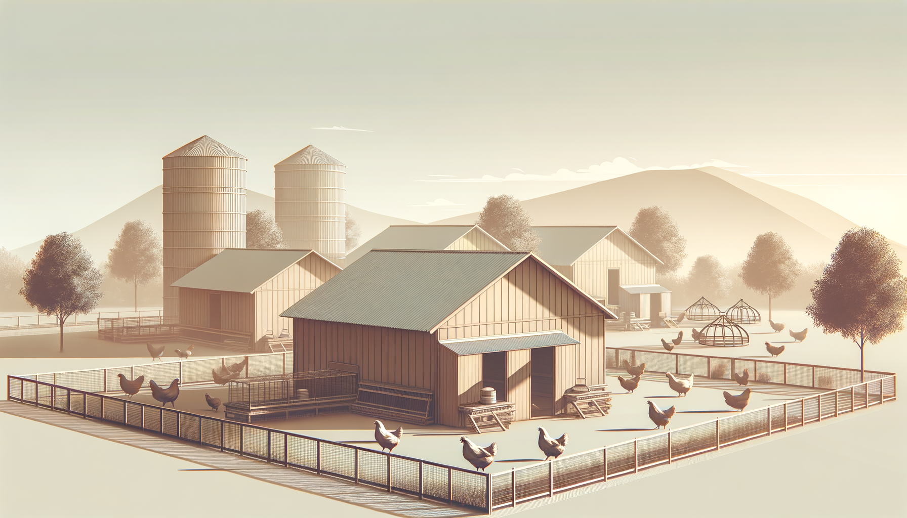 A farm with several wooden barns and silos, surrounded by a fenced area with chickens, trees, and a mountain in the background during a foggy morning.