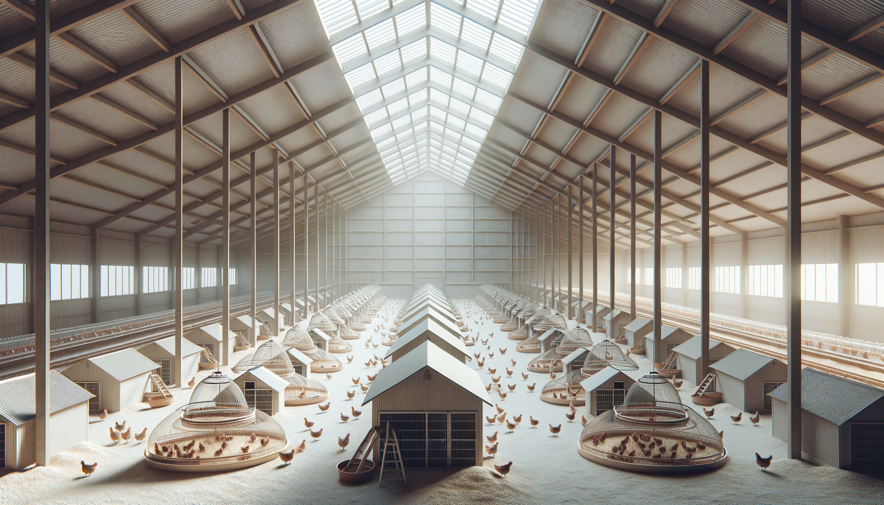 Interior of an industrial chicken farm with multiple cages and chickens inside a spacious, well-lit barn.