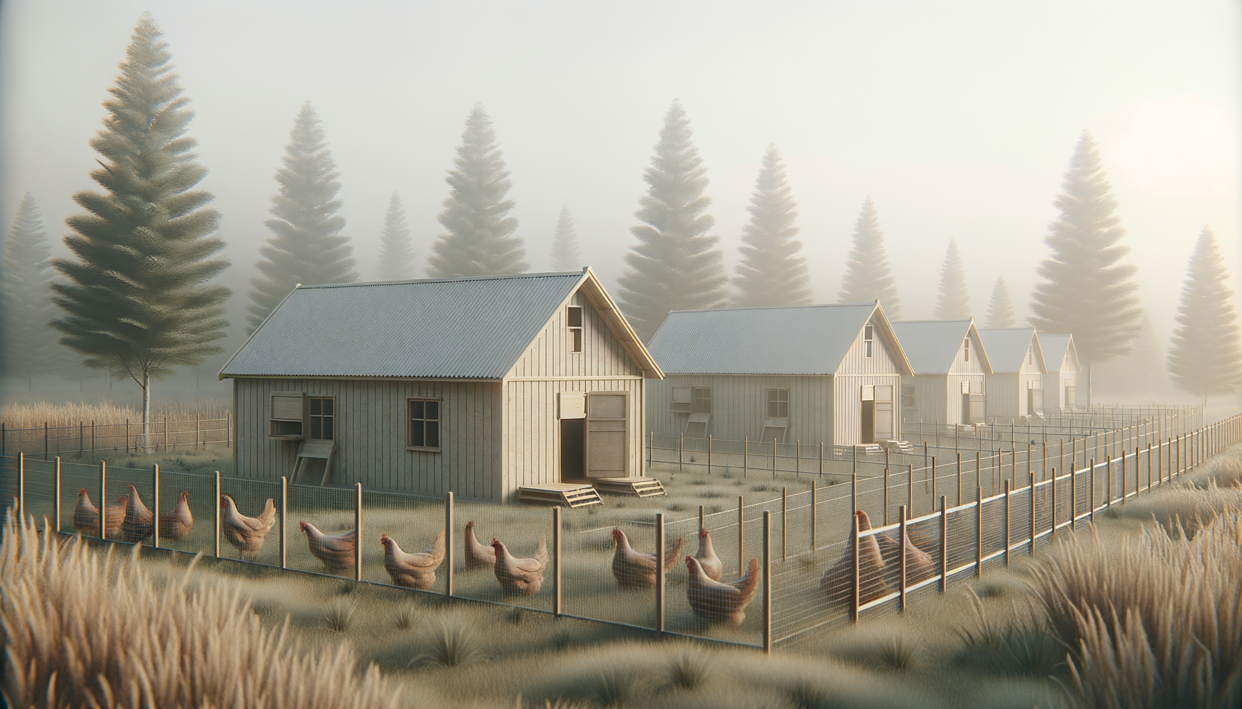 Farming scene with five white chicken coops, chickens inside fenced area, surrounded by tall grass and trees in foggy background.