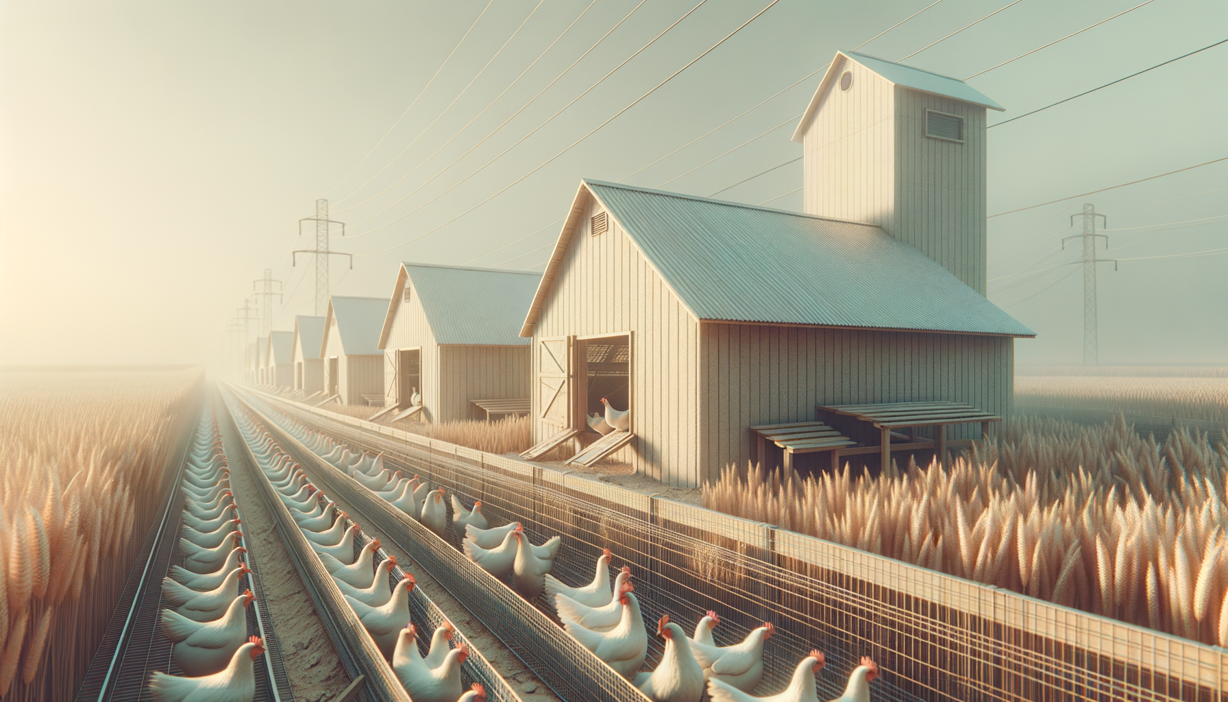 A farm scene with white chicken coops, ducks, farm buildings, and power lines in a wheat field at sunrise or sunset.