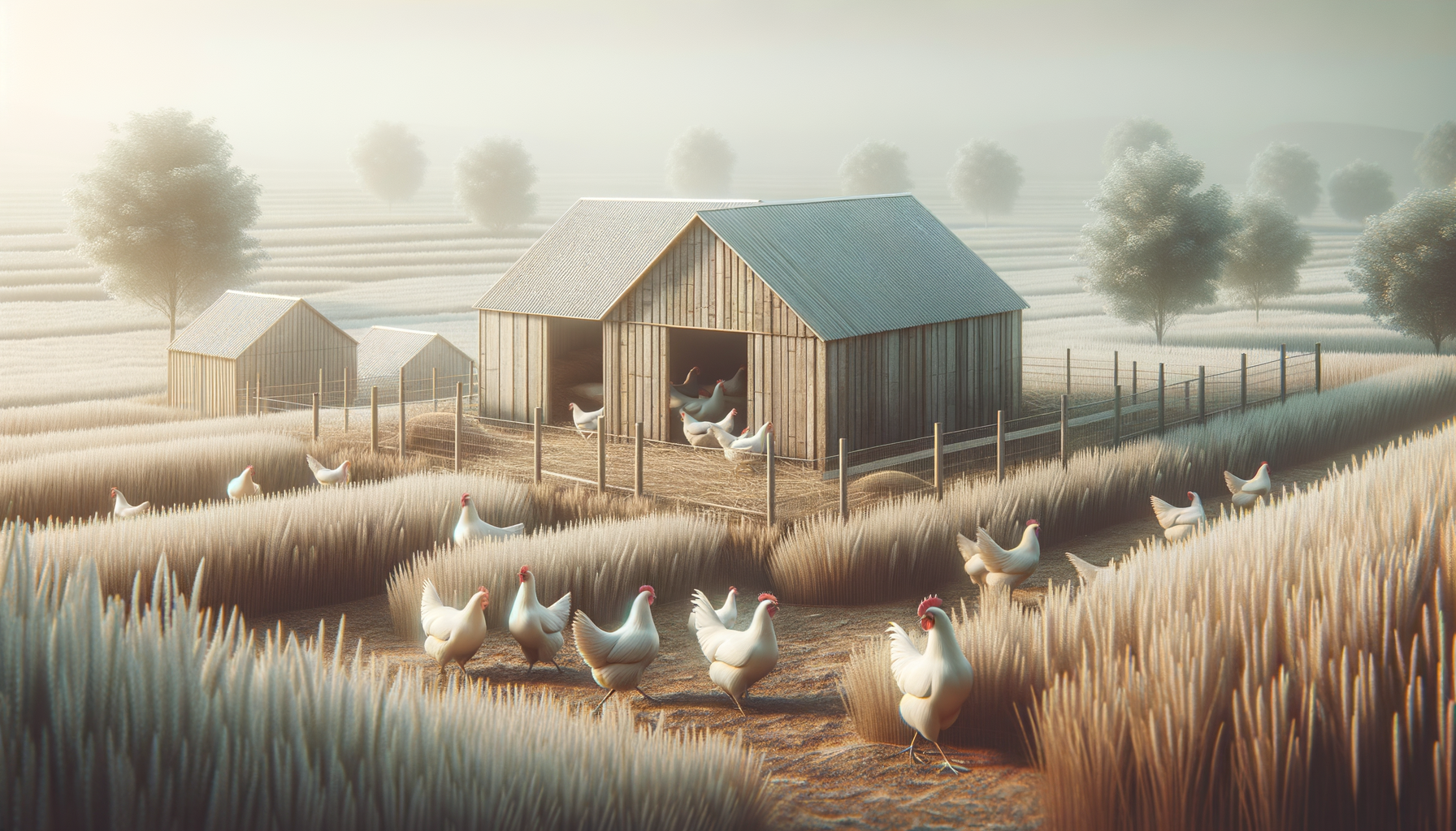 A farm scene with a large wooden henhouse, several smaller chicken coops, and a flock of white chickens in a field of tall grass during sunrise or sunset. There are trees and rolling hills in the background.