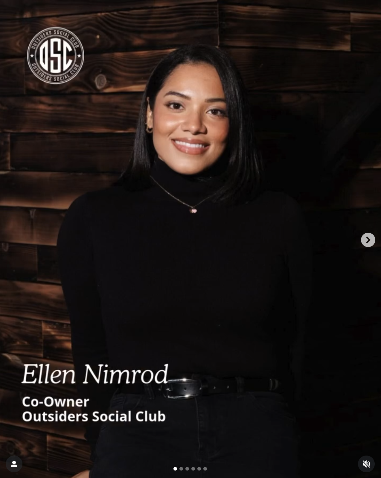 Portrait of a woman with shoulder-length black hair and a black turtleneck top, smiling, standing in front of a wooden wall. The image includes the text 'Ellen Nimrod, Co-Owner, Outsiders Social Club' and a logo in the top left corner.