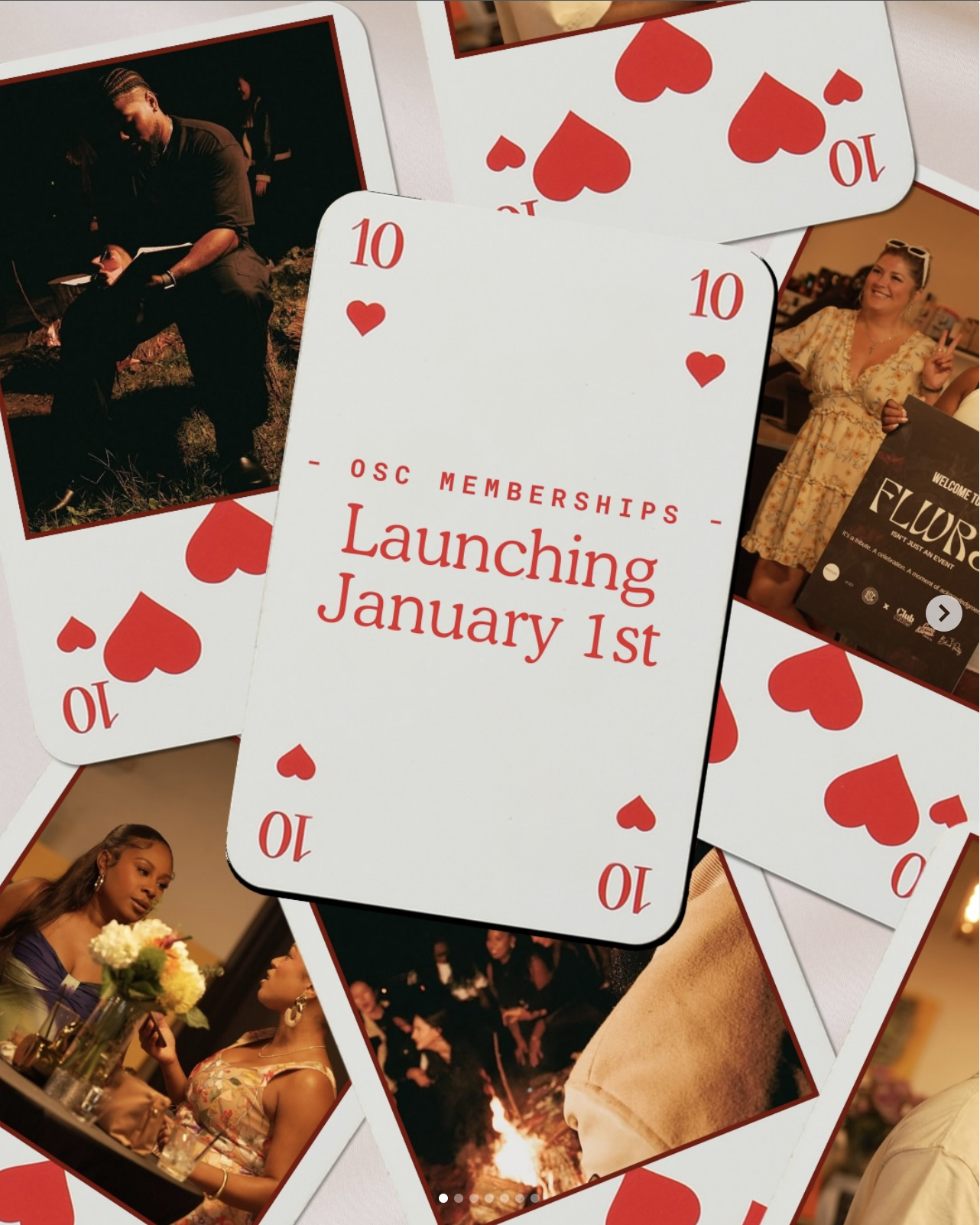 A collage of photos surrounding a central playing card with red hearts, announcing the launch of OSC memberships on January 1st.