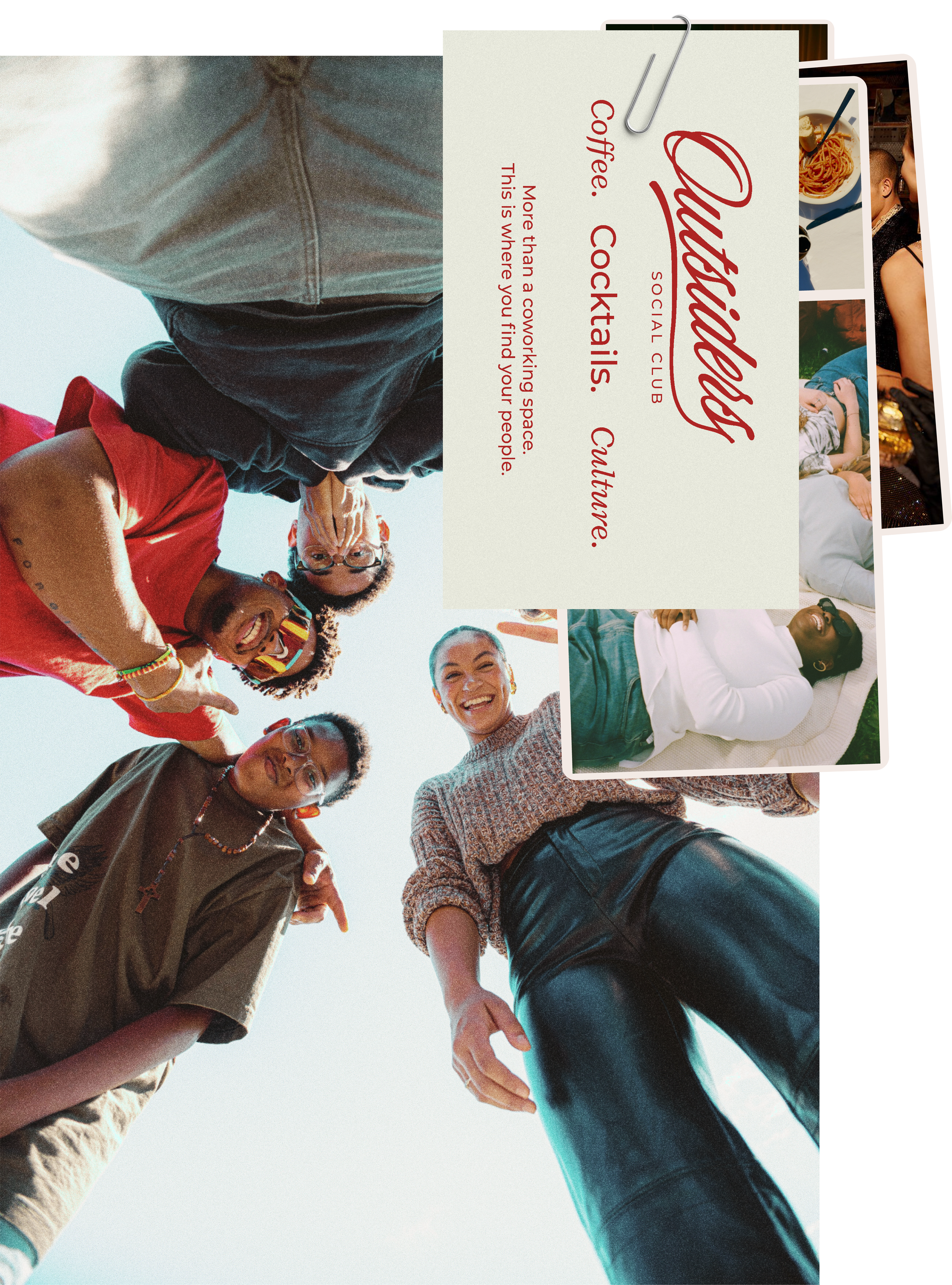A group of diverse people smiling and looking down into the camera during a daytime outdoor gathering, with a stack of social media event flyers overlayed at the top right corner.