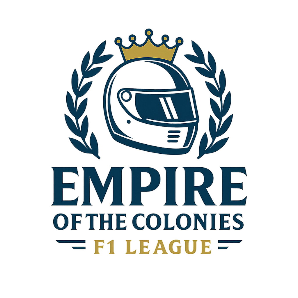 Logo for 'Empire of the Colonies F1 League' featuring a racing helmet with a crown on top, surrounded by laurel branches.