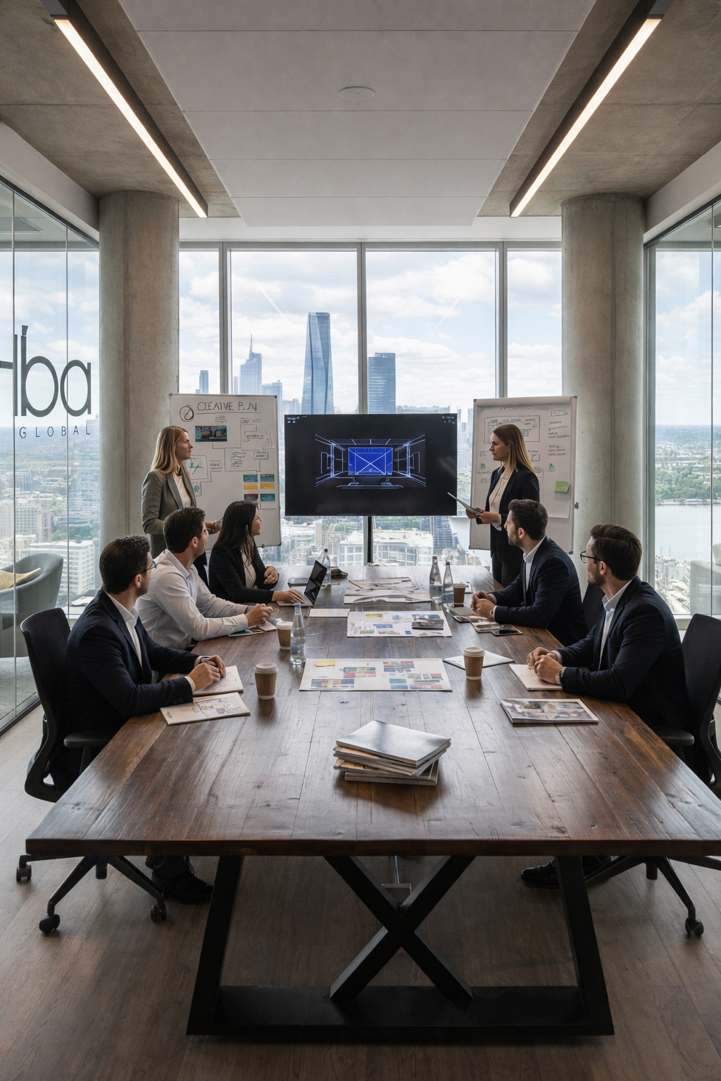 Business meeting in a modern office with large windows overlooking a city skyline. Several people sit around a wooden conference table with laptops, documents, and coffee cups, while two women stand at presentation boards and a screen displaying a digital architectural drawing.