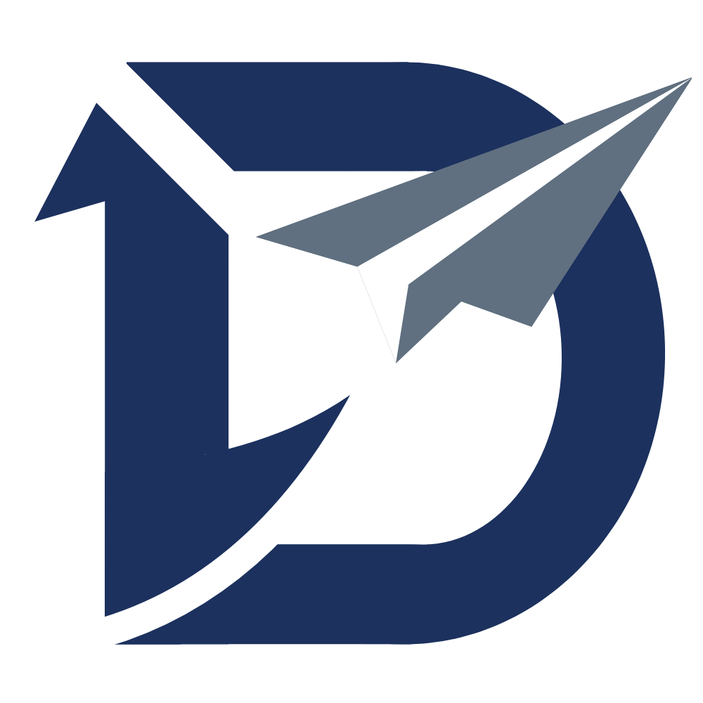 Direen Aviation Logo of a stylised capital letter D with a paper plane crossing diagonally.