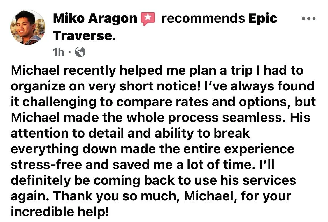Facebook post recommending Epic Traverse with a profile picture of a young man, Miko Aragon.