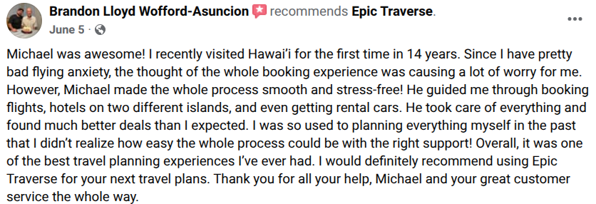 Screenshot of a Facebook recommendation post by Brandon Lloyd Wofford-Asuncion praising Michael for his travel planning services, sharing a positive experience about booking a trip to Hawaii.