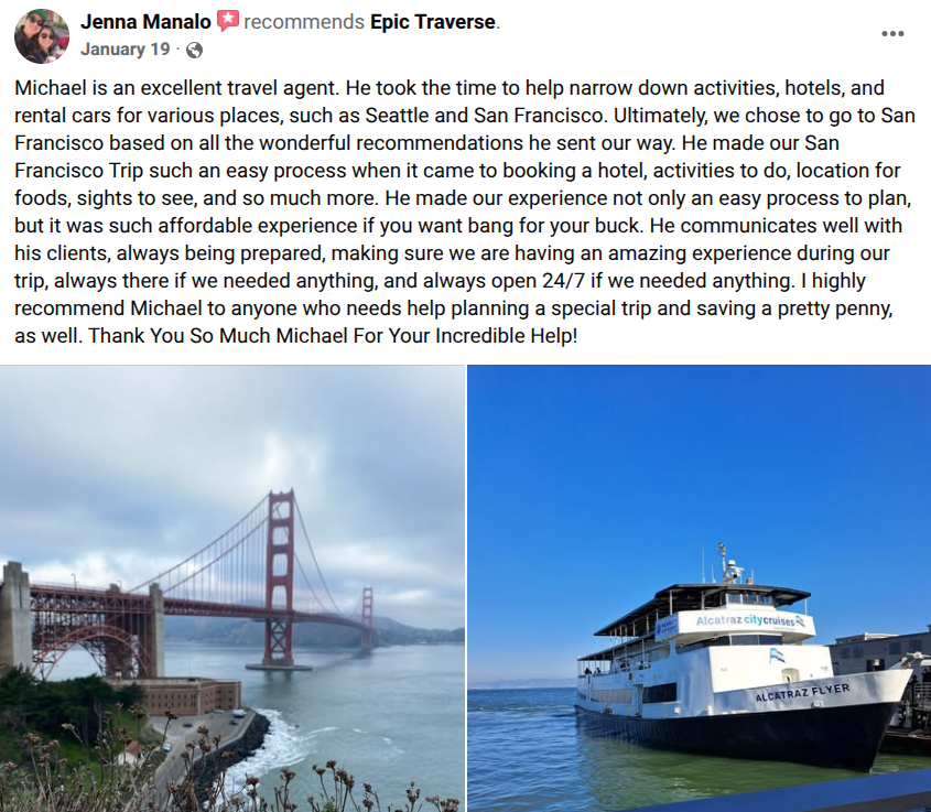 Photos of the Golden Gate Bridge and a ferry boat in San Francisco