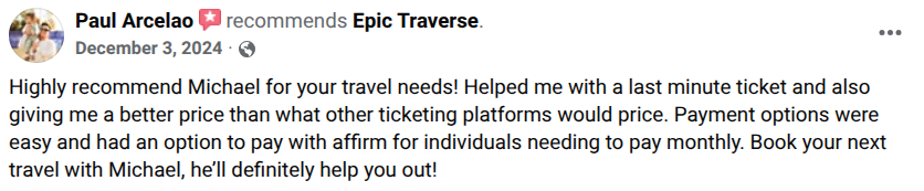 A Facebook post recommending Michael for travel needs, praising assistance with last-minute tickets, pricing, and monthly payments.