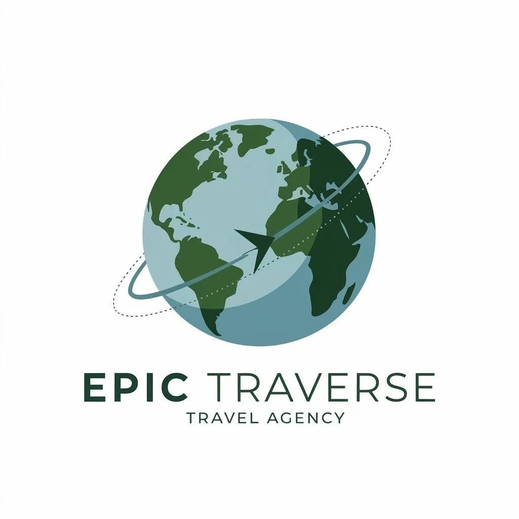 Logo of Epic Traverse Travel Agency featuring a stylized Earth with an arrow circling around it.
