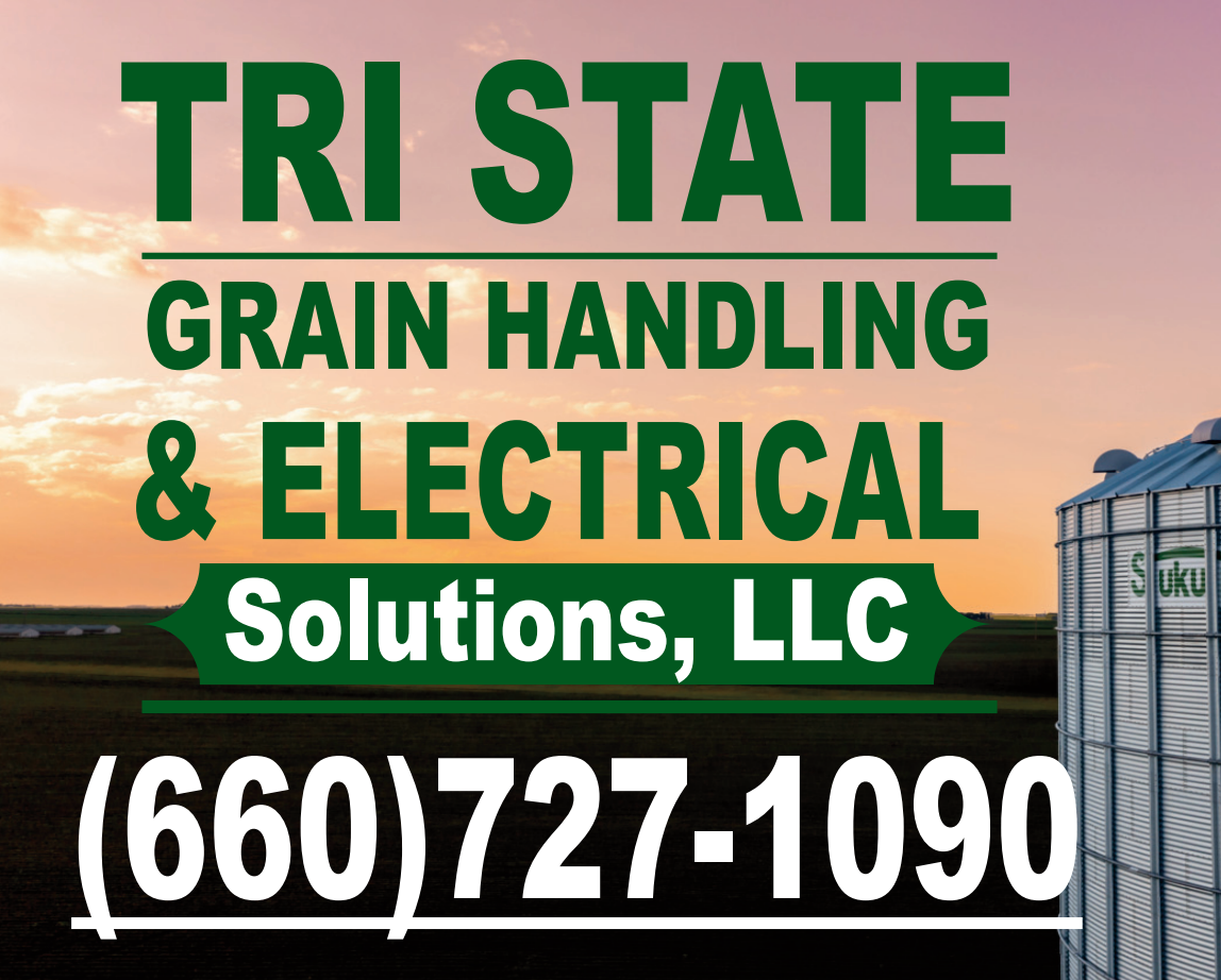 Sign for Tri State Grain Handling & Electrical Solutions, LLC with phone number (660) 727-1090, against a rural landscape with a silo and a sunset sky.