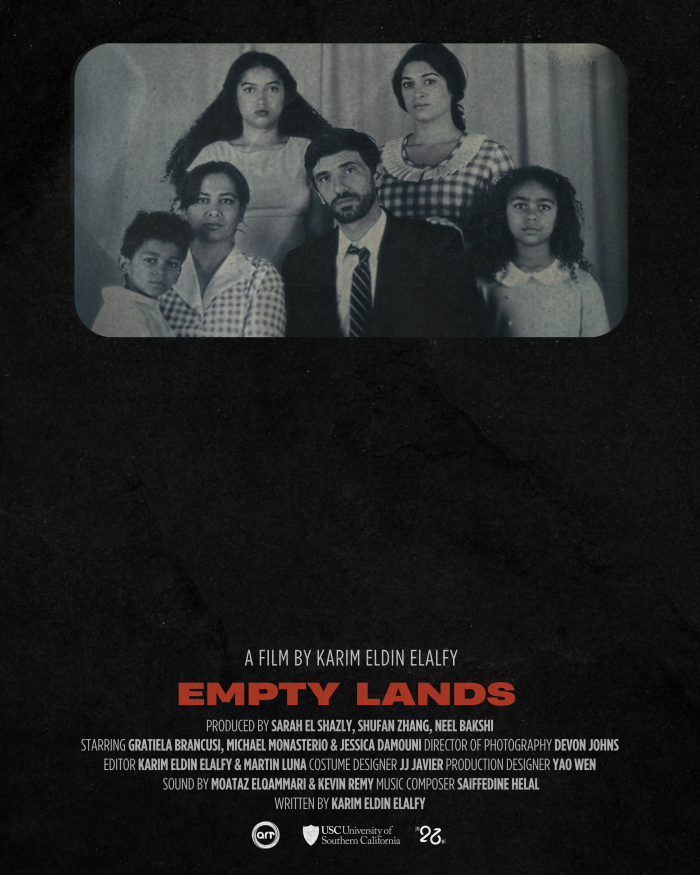 Black and white poster for the film "Empty Hands" by Karim Eldin Elalfy, featuring a family portrait of six members, with three women and three children, with a man in a suit in the center, set against a plain background.
