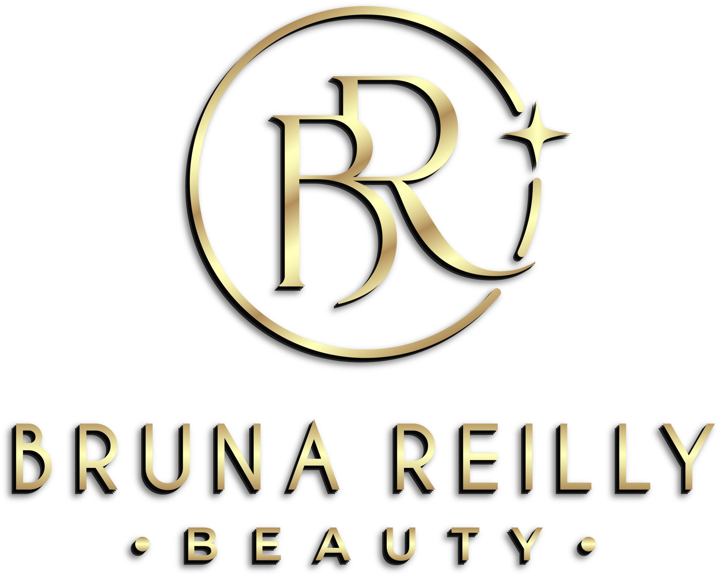 Gold and black logo with a stylized letter 'B' inside a circle, starburst, and the words 'BRUNA REILLY' and 'BEAUTY' beneath.