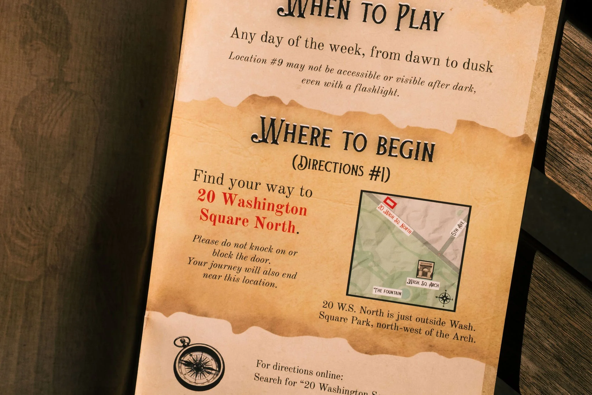 A page from a Pigeon's Path Games gamebook with instructions on "When to Play" and "Where to Begin" the game, including a map showing directions and nearby landmarks.