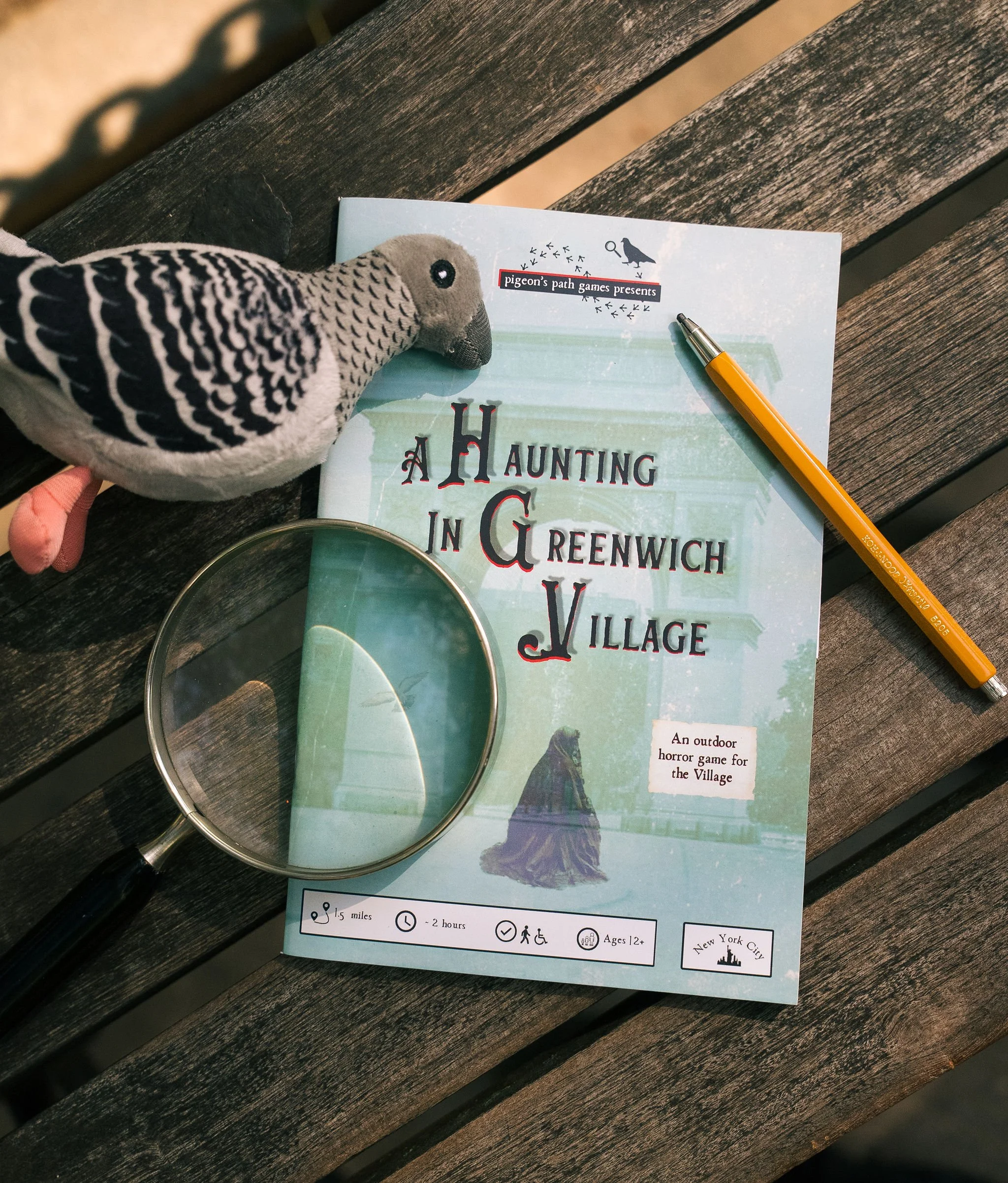 A Haunting in Greenwich Village gamebook cover with pencil and magnifying glass