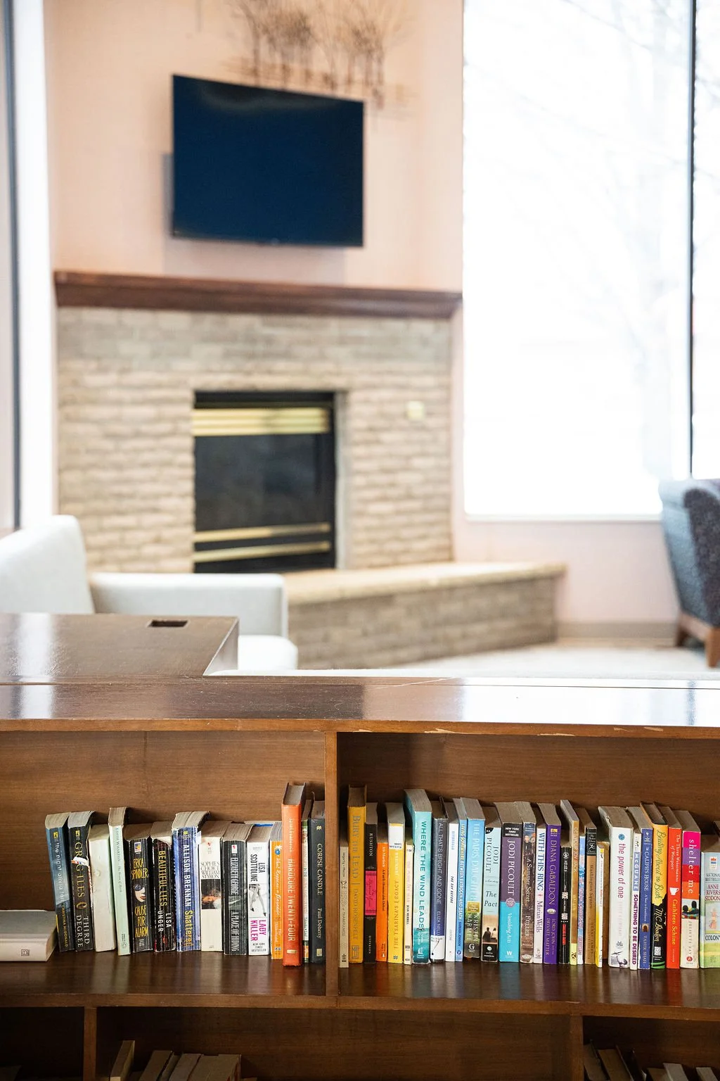 Interior of a cozy room with a bookshelf in the foreground, a fireplace with brick surround, a flat-screen TV above the fireplace, and large windows letting in natural light.