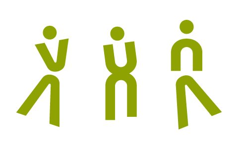 Three stylized human figures in green with different poses, facing forward.