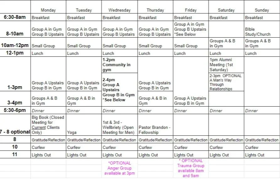 Weekly schedule with time slots from 6:30am to 11pm, listing activities such as breakfast, gym groups, small groups, lunch, community meetings, dinners, optional activities, and reflection sessions, organized by days of the week.