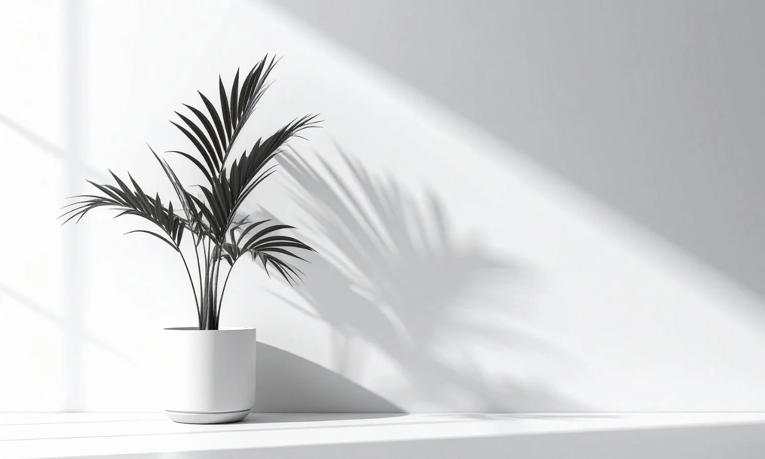 A single palm tree with soft green fronds set against a clean white neutral background, creating a bright, airy, and minimal coastal aesthetic