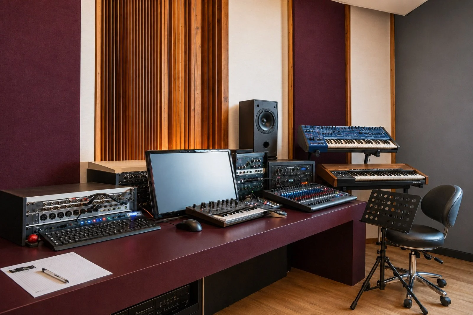 Music studio with keyboards, mixing console, studio monitor speaker, computer, and recording equipment on a burgundy desk, with wood and fabric acoustic panels on the wall and a black office chair.