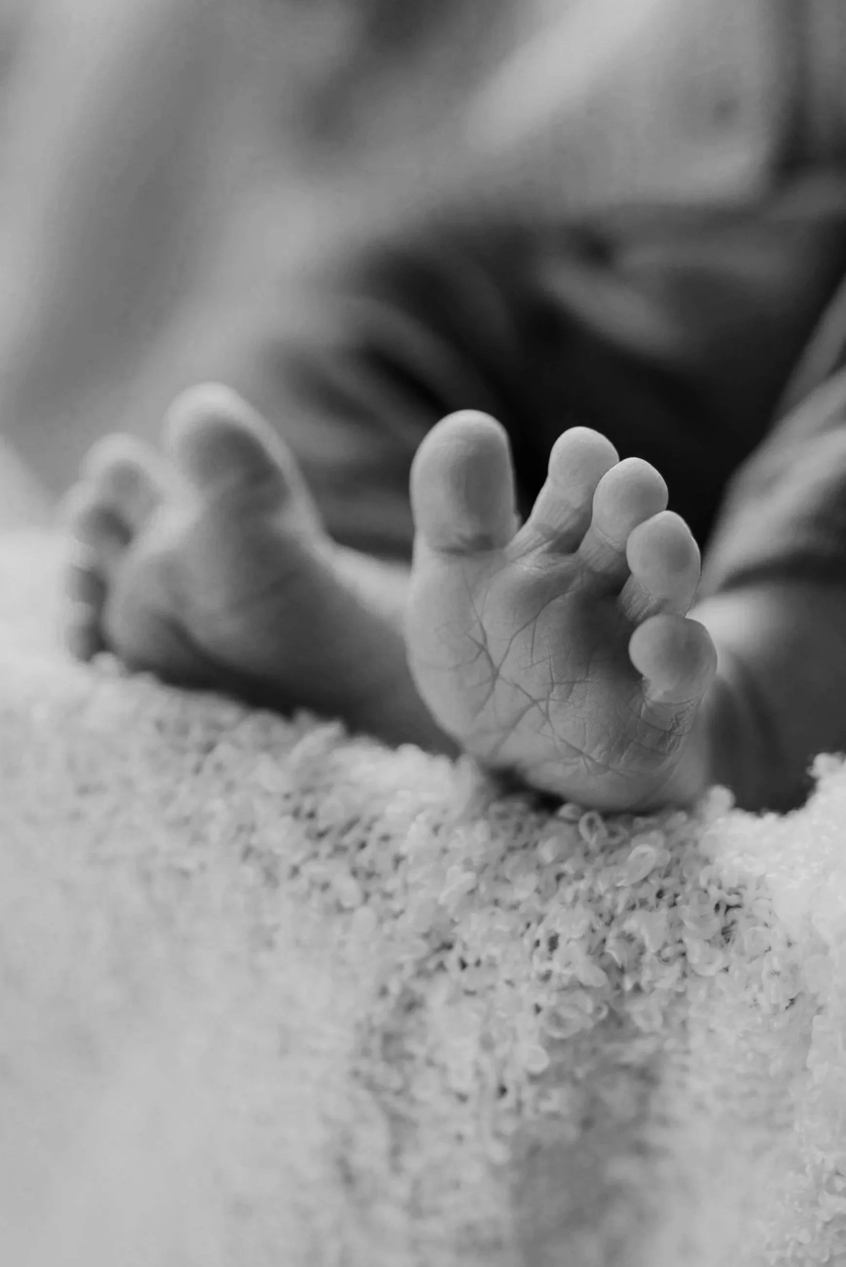 Schwarz-weiß Bild eines kleinen Baby-Hands, die nach oben greift, auf einer weichen Oberfläche, Detailaufnahme.