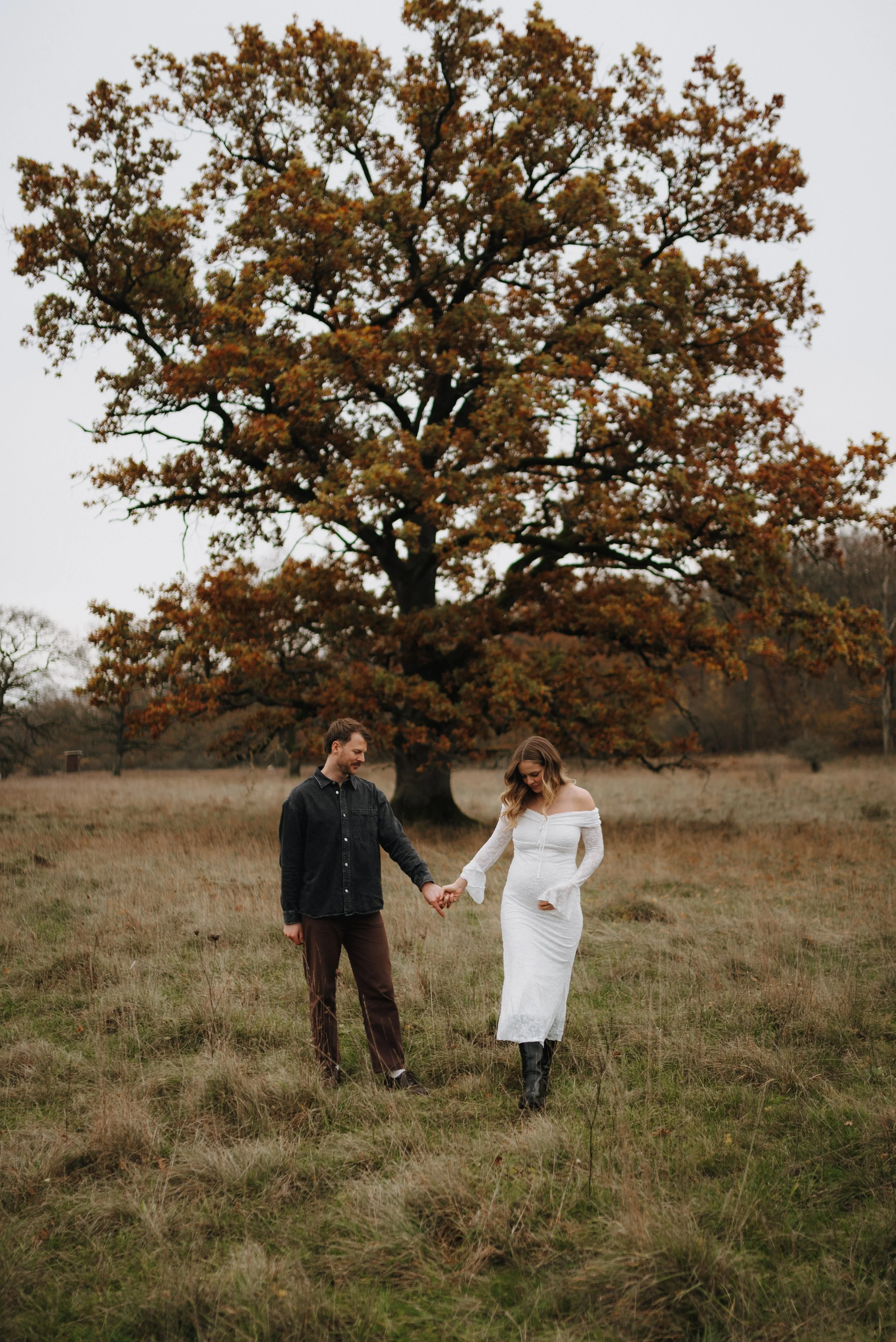 Ein Paar hält Händchen in einem Feld mit einem großen Herbstbaum im Hintergrund.