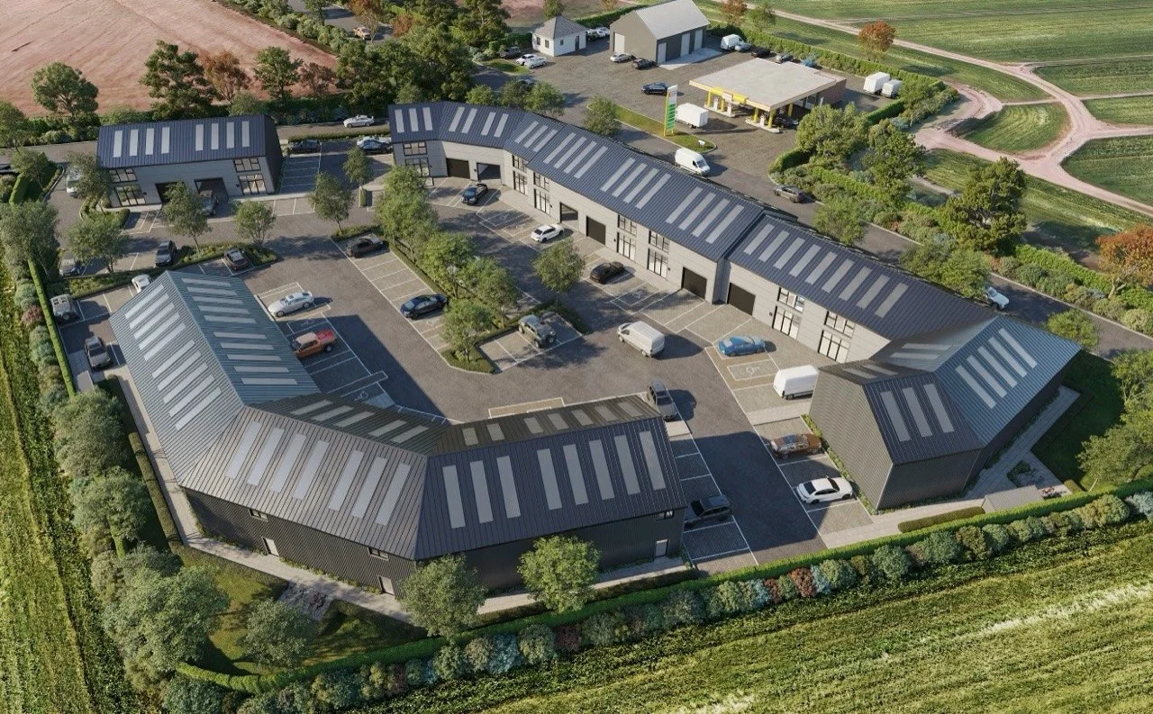 Aerial architectural visualisation of the development at Souldrop, Bedfordshire.