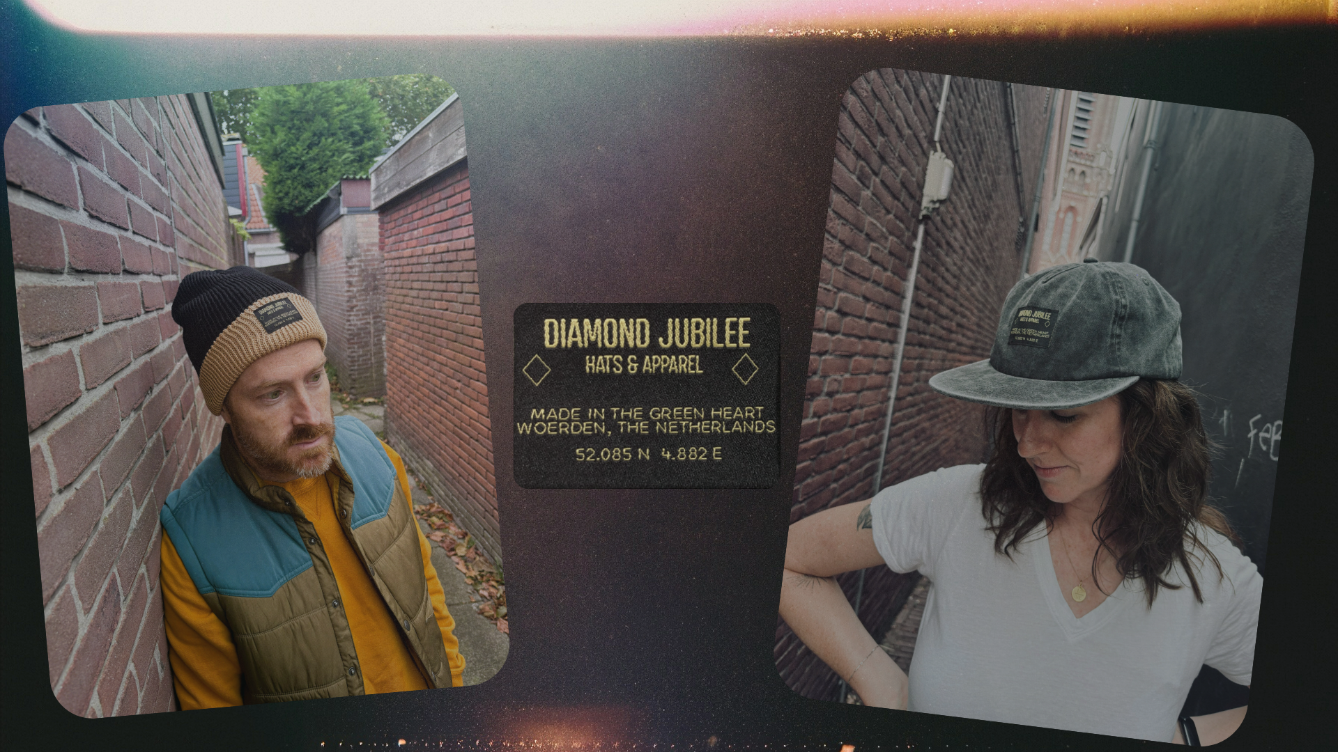 Photograph of two people wearing hats with brick walls behind them, featuring a sign about the Diamond Jubilee hats and apparel from Woerden, the Netherlands.