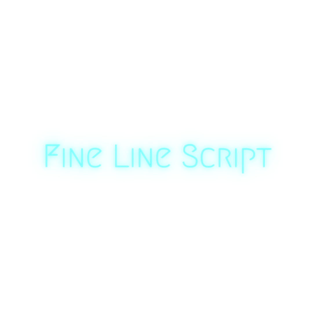Neon sign displaying the text 'FINE LINE SCRIPT' in bright blue