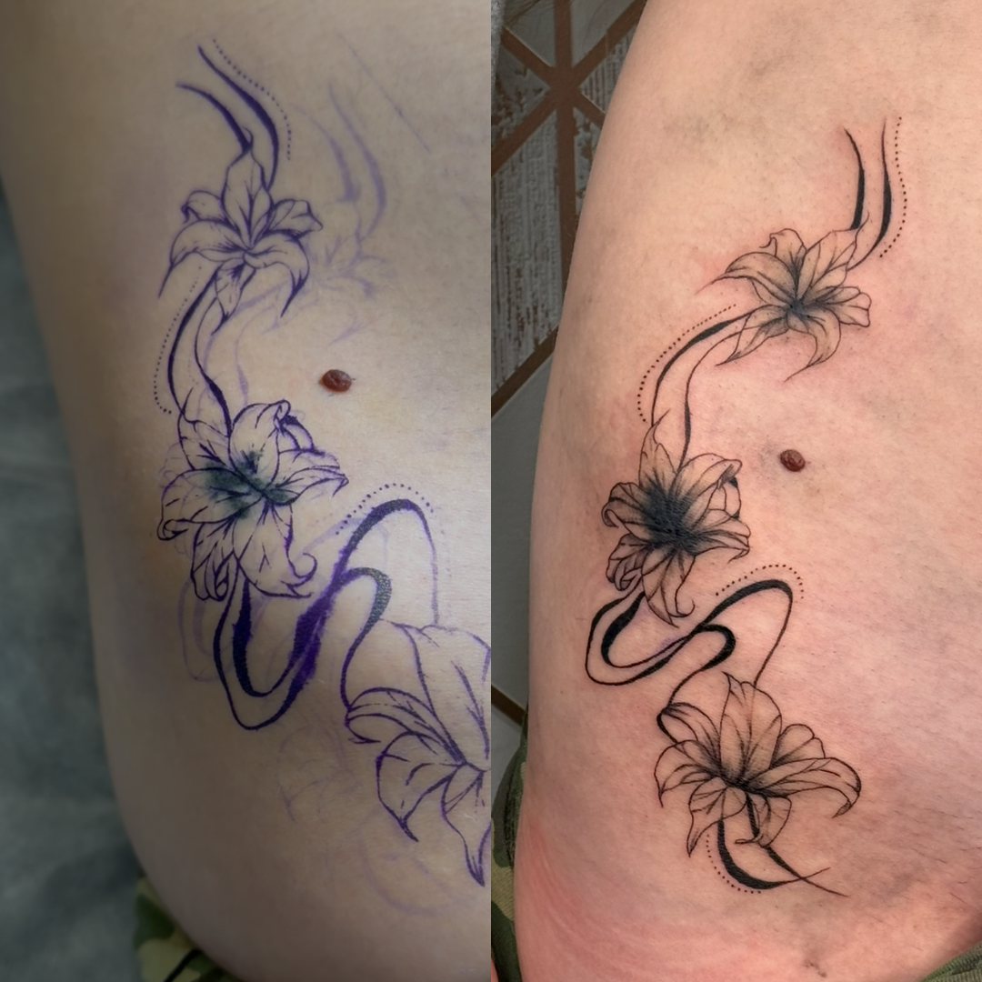 Fine line floral snake cover-up tattoo shown from stencil to completed linework on the forearm