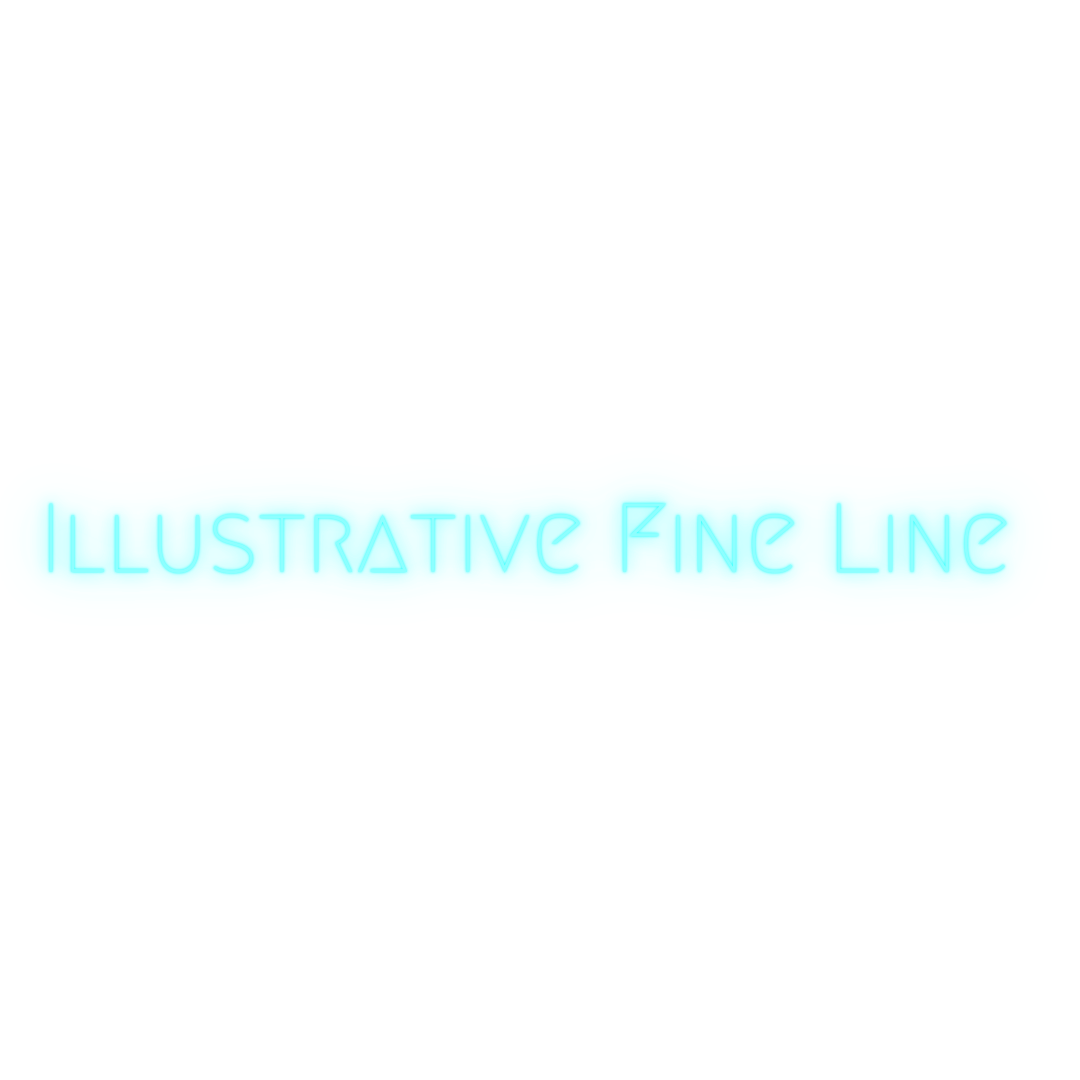 Neon sign with the words "ILLUSTRATIVE FINE LINE" glowing in blue, against a black background.