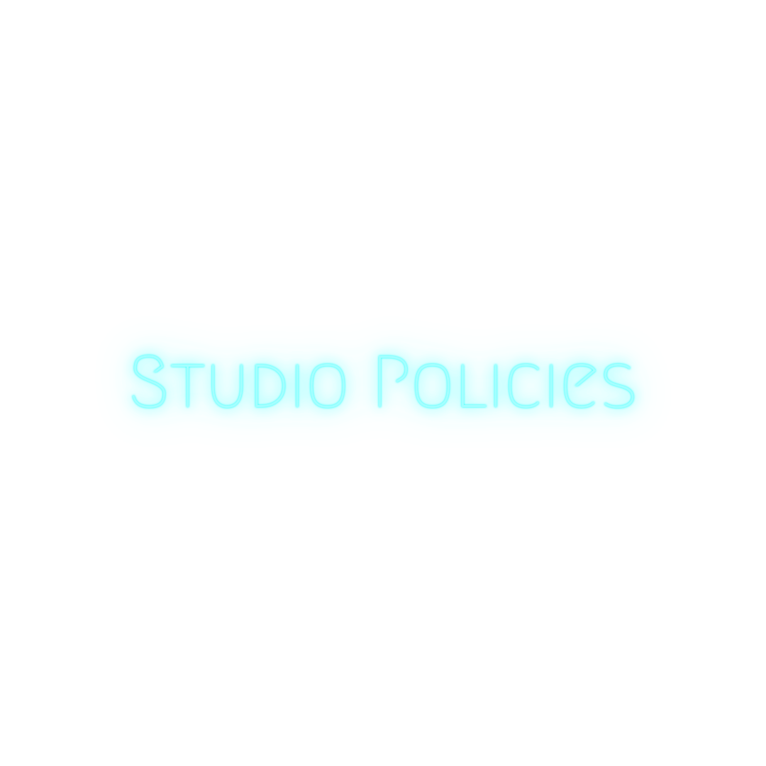 Neon blue sign with the text 'STUDIO POLICIES' on a black background.