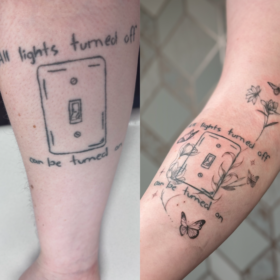Fine line quote tattoo with light switch illustration before re-work on the arm